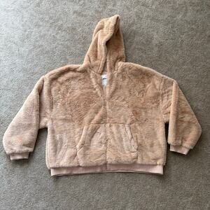 NWOT Aerie Fuzzy Super Soft Full Zip Up Jacket Sweatshirt Tan Cream Cozy Pockets